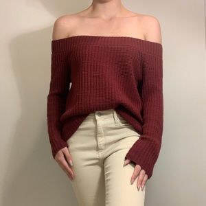 Maroon Off the Shoulder Chunky Knit Ribbed Sweater